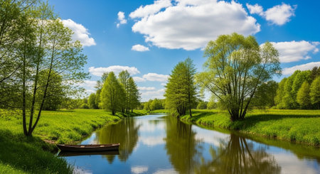 Panoramic view of the river in the spring. Beautiful nature background.の写真素材