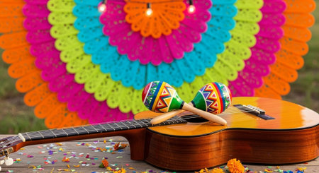 Acoustic guitar and maracas on the background of a colorful umbrella