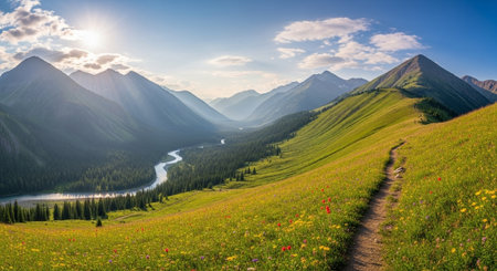 Beautiful alpine meadow with blooming wildflowers. Panoramic view of mountain valley at sunset.の写真素材
