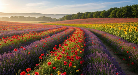 Sunset over a field of blooming poppies