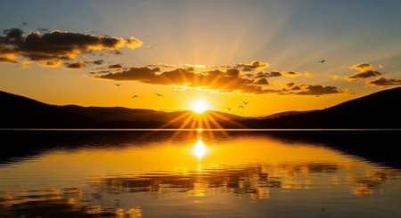 Sunset on the lake in the mountains. The sun is reflected in the water.