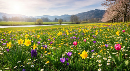 Spring meadow with daffodils and crocus flowers.