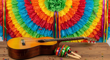 guitar and colorful paper umbrellas on a wooden tableの写真素材