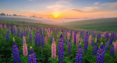 Sunrise over lupine field in summer season with fog.の写真素材
