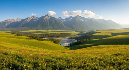 Panoramic view of the valley with blooming flowers and mountainsの写真素材