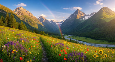 Panoramic view of alpine meadow with flowers and rainbow.の写真素材