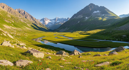 Panoramic view of alpine meadow and lake in the Alps.の写真素材