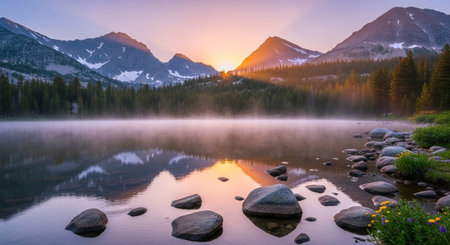 Sunrise at the lake in Rocky Mountain National Park, Colorado.の写真素材