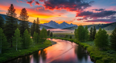 Sunset over the Teton River in Yellowstone National Park, Wyoming.の写真素材