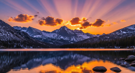 Sunset over Lake Louise, Banff National Park, Alberta, Canadaの写真素材