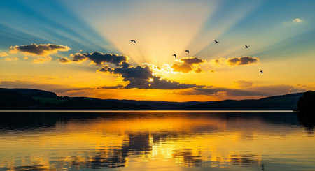 Sunset on the lake with a flock of birds flying in the skyの写真素材