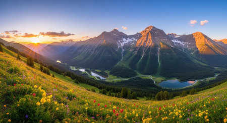 Sunset in the summer mountains. Panoramic view of the alpine meadow.の写真素材