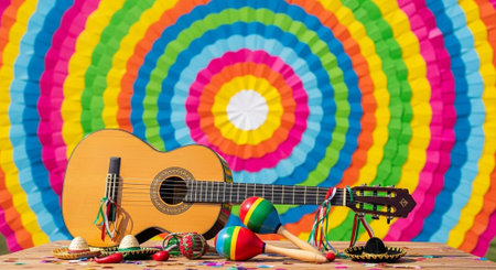 guitar and maracas on a background of a colorful rainbow