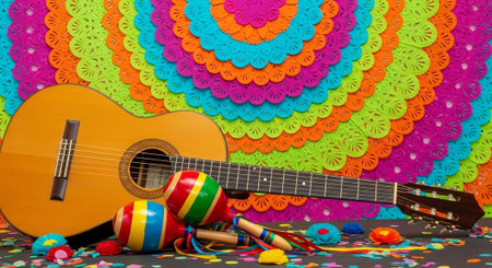 Mexican guitar and colorful backgroundの写真素材
