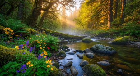 Sunrise in the forest with a stream flowing through the woods.の写真素材