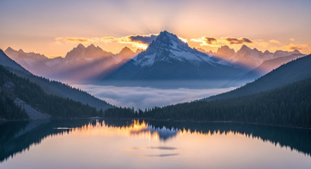 Sunset over the lake in Banff National Park, Alberta, Canadaの写真素材