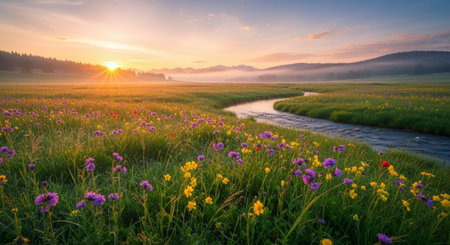 Panoramic view of meadow with wildflowers at sunriseの写真素材
