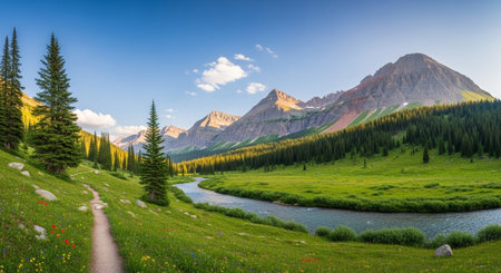 Panoramic view of alpine meadow and river in the mountains.の写真素材
