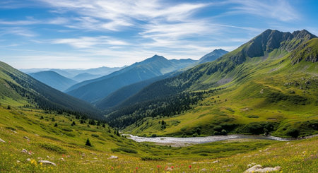 Panoramic view of the mountain valley in summer. Caucasus Mountains, Georgia.の写真素材