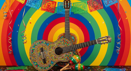 Mexican guitar and maracas on a rainbow background with copy space
