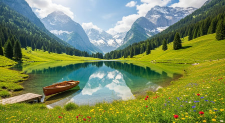 Beautiful alpine lake with rowing boat in the foreground