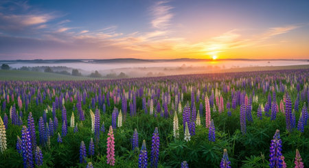 Sunrise over lupine field with fog. Beautiful summer landscape.