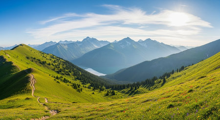 Panoramic view of the alpine meadow in the Swiss Alps.