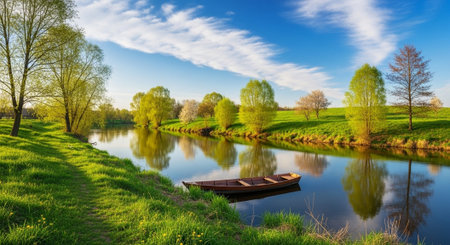 Boat on the river. Spring landscape. Panoramic view.