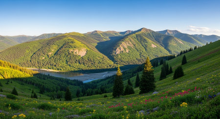Panoramic view of the valley and the mountain lake in the Altai Republicの写真素材