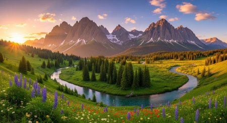 Panorama of meadow with lupines and mountains in background at sunsetの写真素材