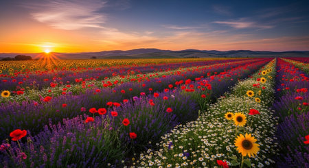 Sunset over a lavender field with poppies and sunflowers
