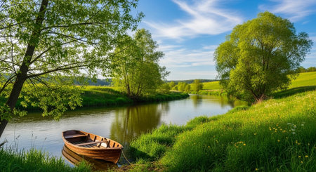 Beautiful spring landscape with a boat on the bank of the riverの写真素材