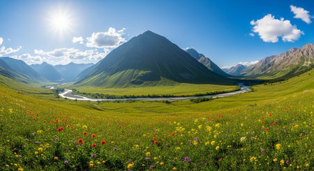 Mountain landscape with a river and flowers. Panoramic view.の写真素材