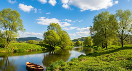 Landscape with a small boat on the river. Spring time.の写真素材
