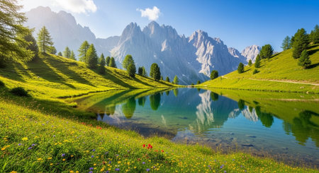 Idyllic alpine landscape in the Dolomites, Italyの写真素材