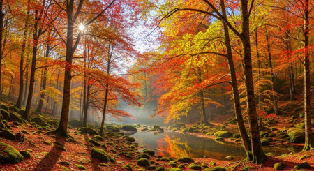 Autumn forest with river and sun in the morning. Panoramaの写真素材