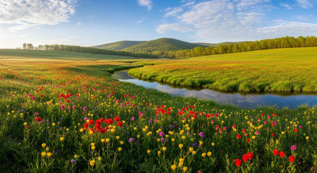 Beautiful spring landscape with meadow and river. Panoramic viewの写真素材