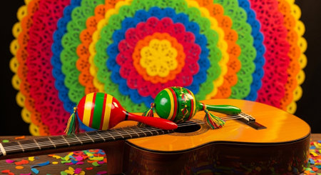 Mexican guitar and maracas on a colorful background close-upの写真素材