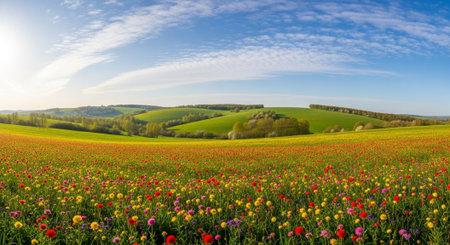 Panoramic view of a beautiful spring field with poppiesの写真素材