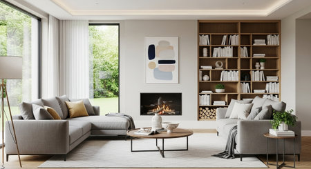 Modern living room with fireplace, sofa and bookshelf. 3d rendering