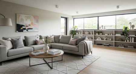 Interior of modern living room with grey sofa and bookshelf