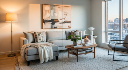 Luxury living room with grey sofa, coffee table and lamp