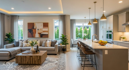 Luxury living room with dining area and kitchen island. Northwest, USA
