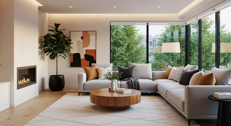 Modern living room interior design with fireplace, coffee table, sofa and plants. 3d render