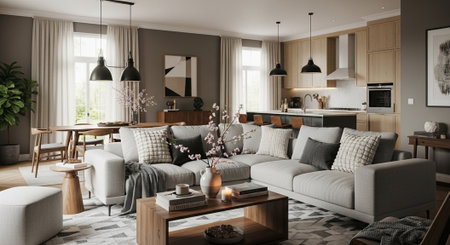 3d rendering of modern living room interior design in scandinavian style
