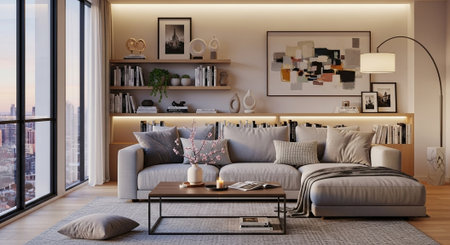 Modern living room interior design with sofa, coffee table and bookshelf. 3D rendering