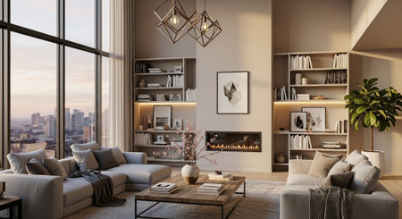 Modern living room interior design with fireplace, bookshelf and sofa. 3d render