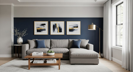 Interior of modern living room with blue walls, 3d render
