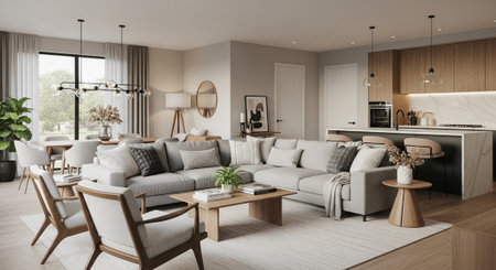 3d rendering of a modern living room interior design in a house