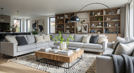 Modern living room interior design with sofa and coffee table, 3d render